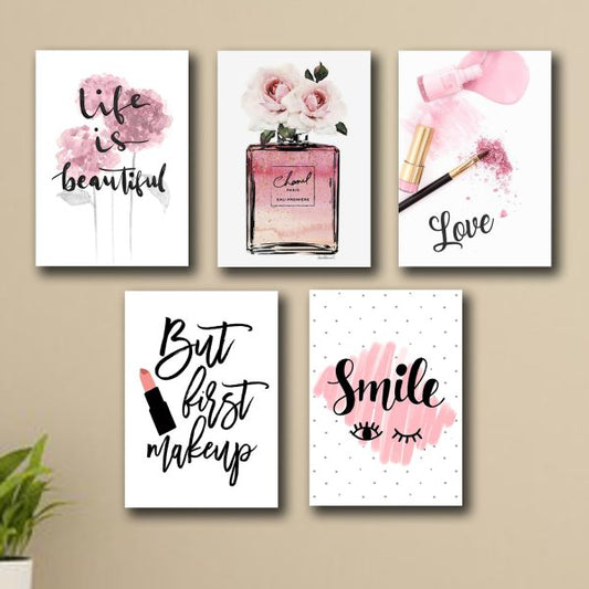 Set of 5 Makeup-Themed Wooden Wall Art Frames for Girls' Room Decor