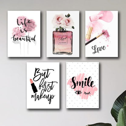 Set of 5 Makeup-Themed Wooden Wall Art Frames for Girls' Room Decor