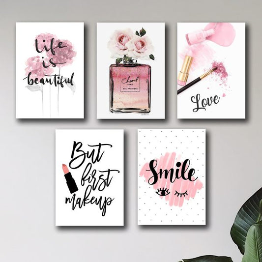 Set of 5 Makeup-Themed Wooden Wall Art Frames for Girls' Room Decor