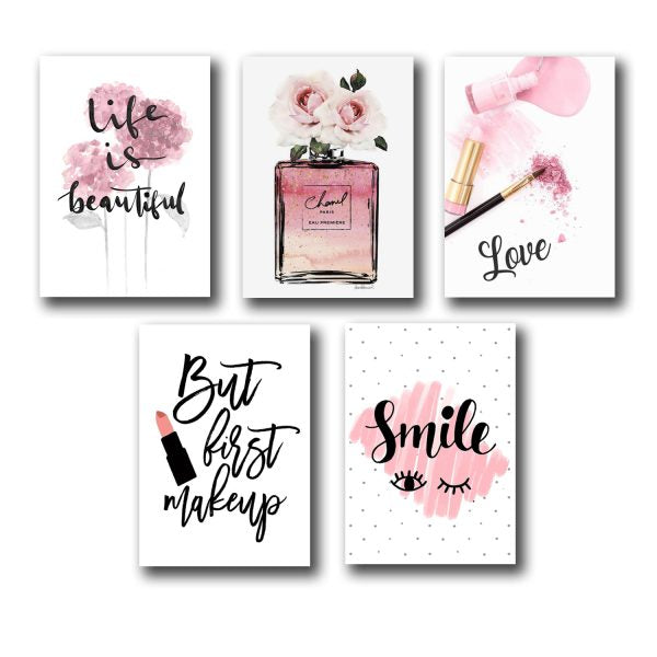 Set of 5 Makeup-Themed Wooden Wall Art Frames for Girls' Room Decor